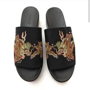 90s Style Embroidered Dragon Platform Slides